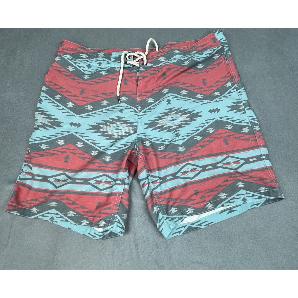 Faherty Board Shorts Men 33 Red Geometric Lightweight Drawstring Baggy Thrashed*